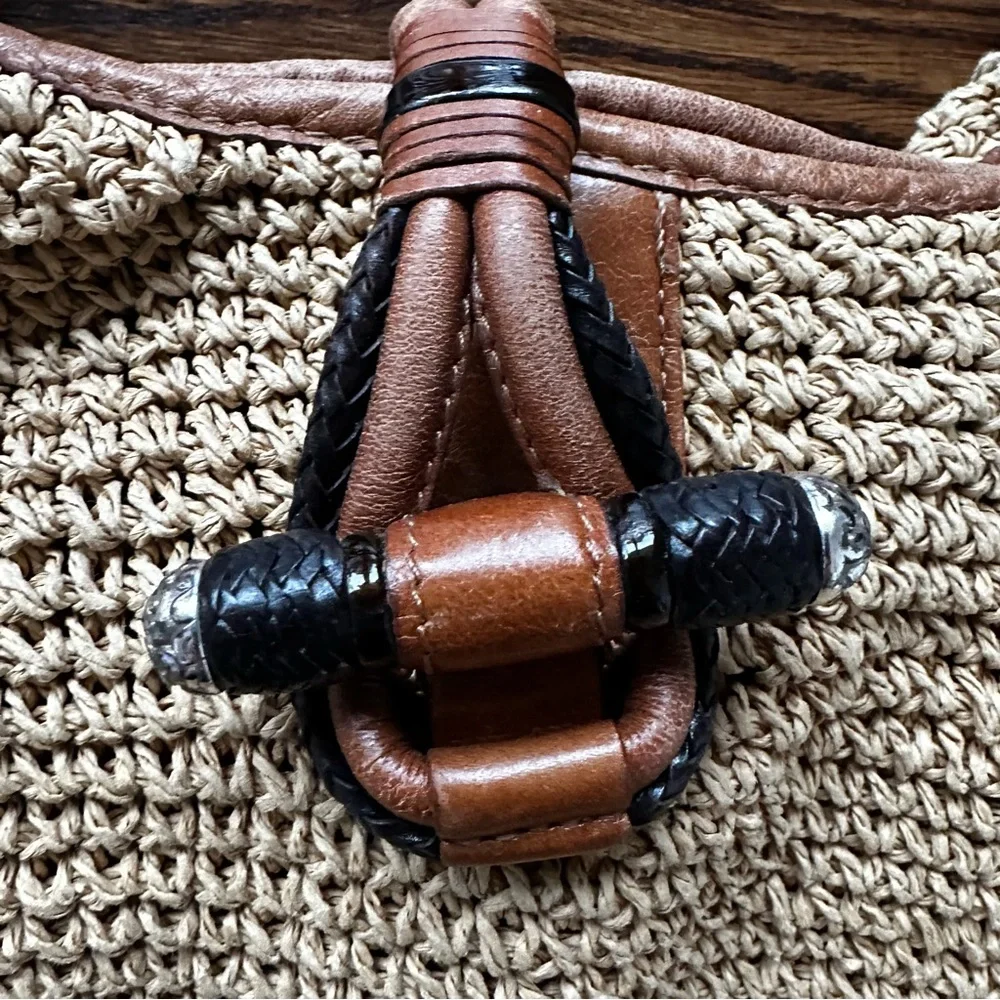Brighton woven raffia straw and leather shoulder bag boho hobo